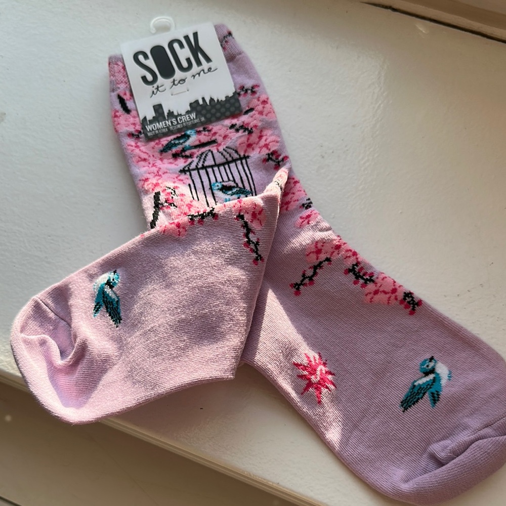 Sock it to me Pink and Purple Bird Pattern Crew Socks - Picture 6 of 7